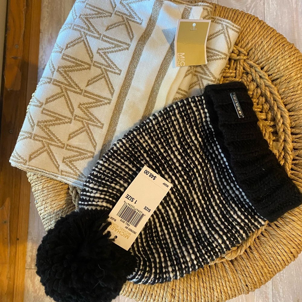 Michael Kors Black and White Knit Beanie with Cream Scarf